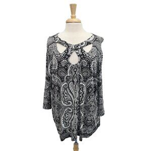 INC International Concepts Black White Paisley Cutout Keyhole‎ 3/4 Sleeve Blouse